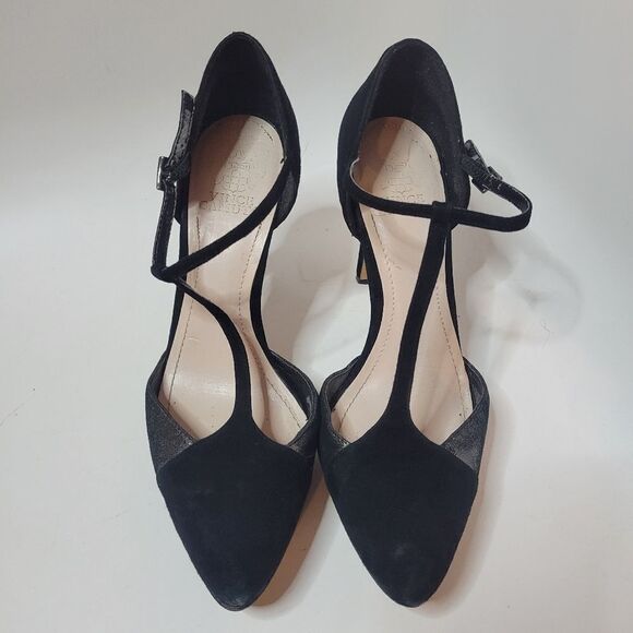 Vince Camuto Akido Leather Platform T-Strap Heels Gunmetal and Black Suede - Picture 5 of 16